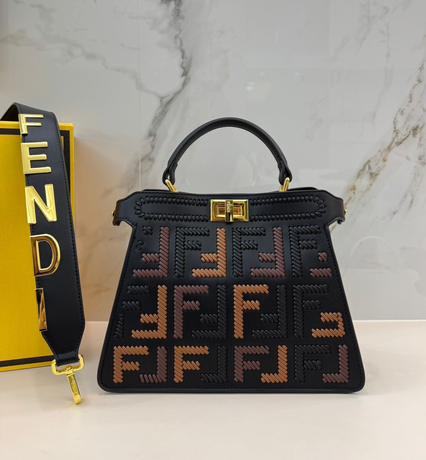 Fendi Peekaboo ISeeU Medium Multicolored Interlace FF Bag (Black)