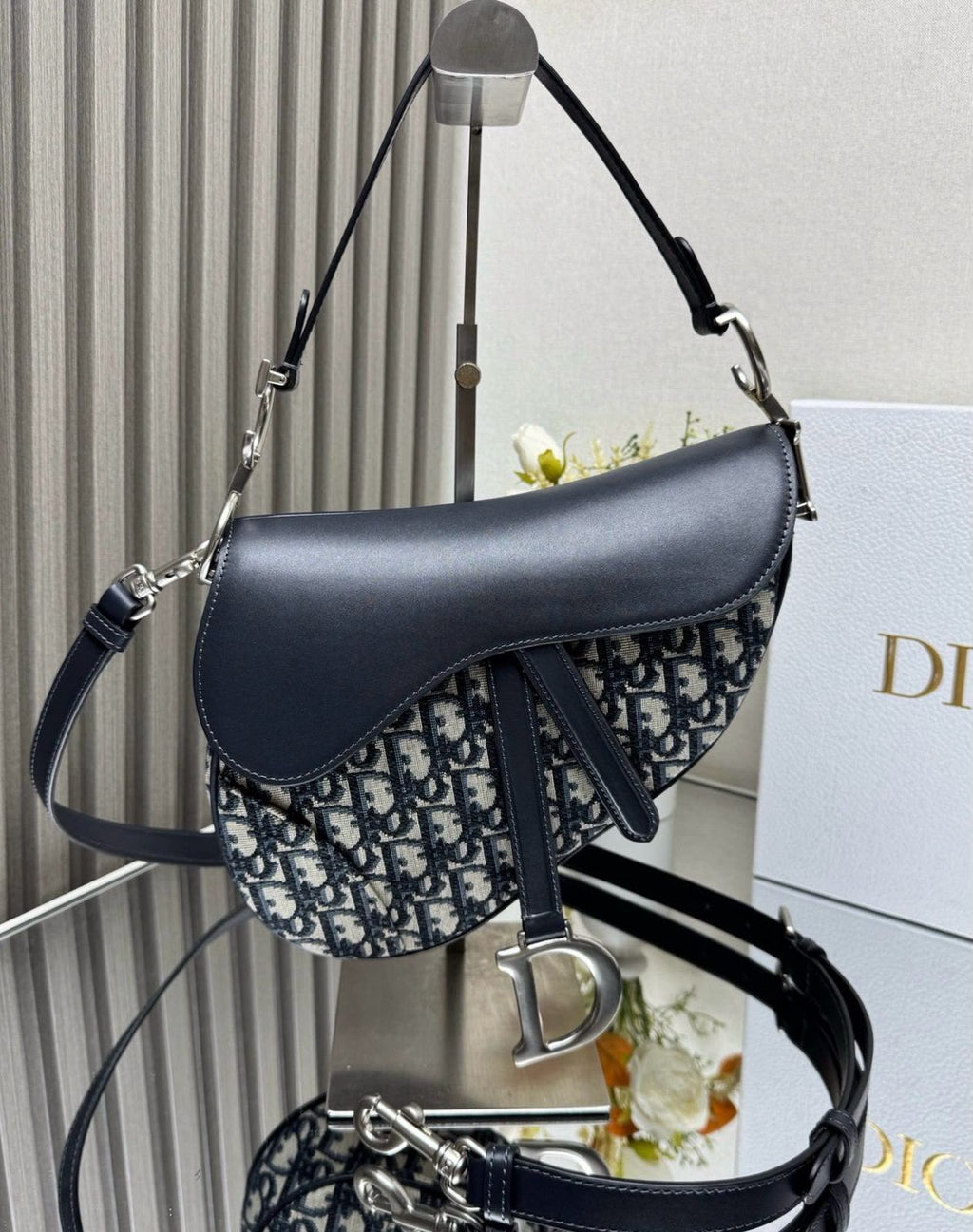 Christian Saddle Bag with Flap (Blue Dior Oblique Jacquard and Navy Blue Calfskin)