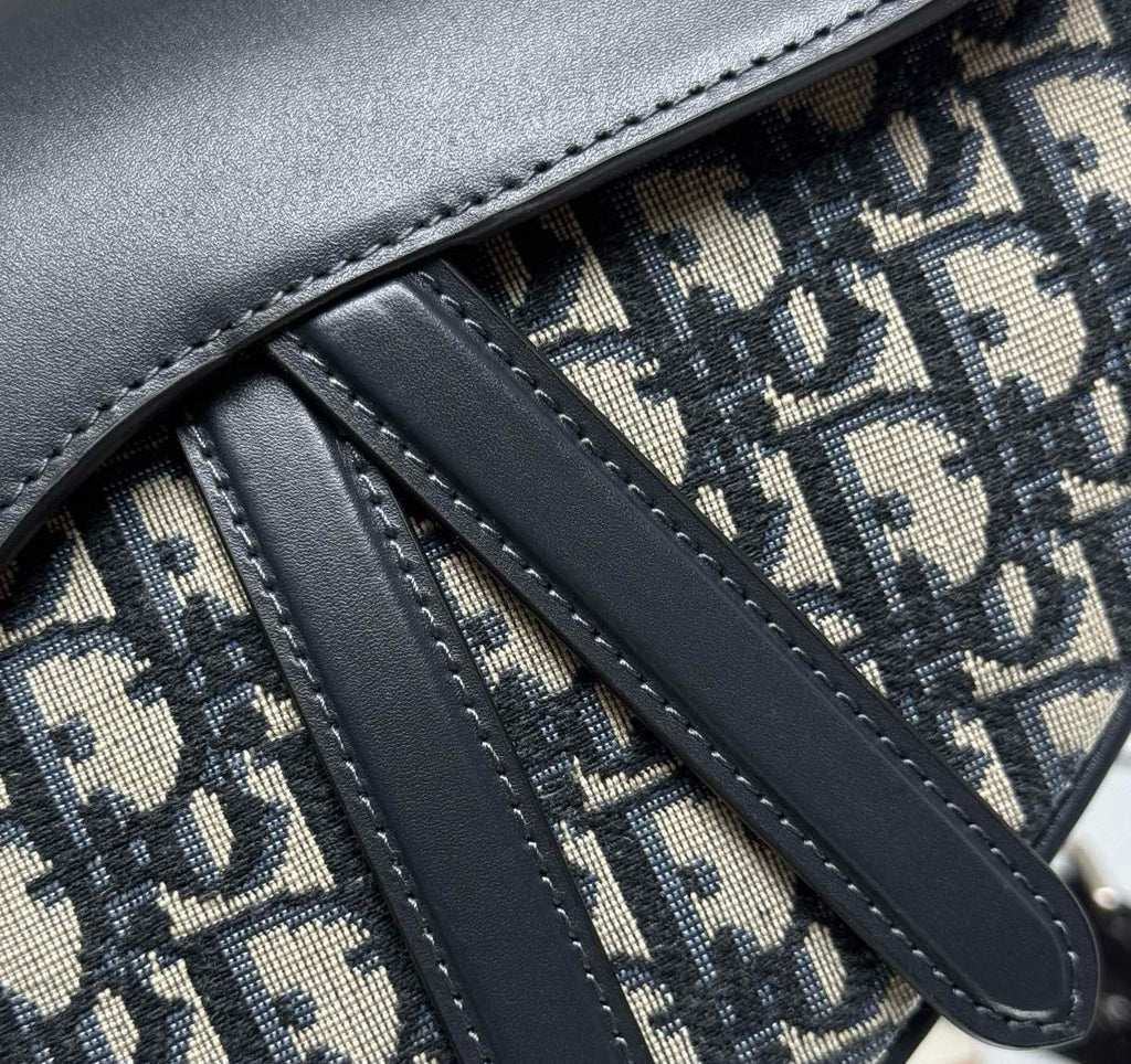 Christian Saddle Bag with Flap (Blue Dior Oblique Jacquard and Navy Blue Calfskin)