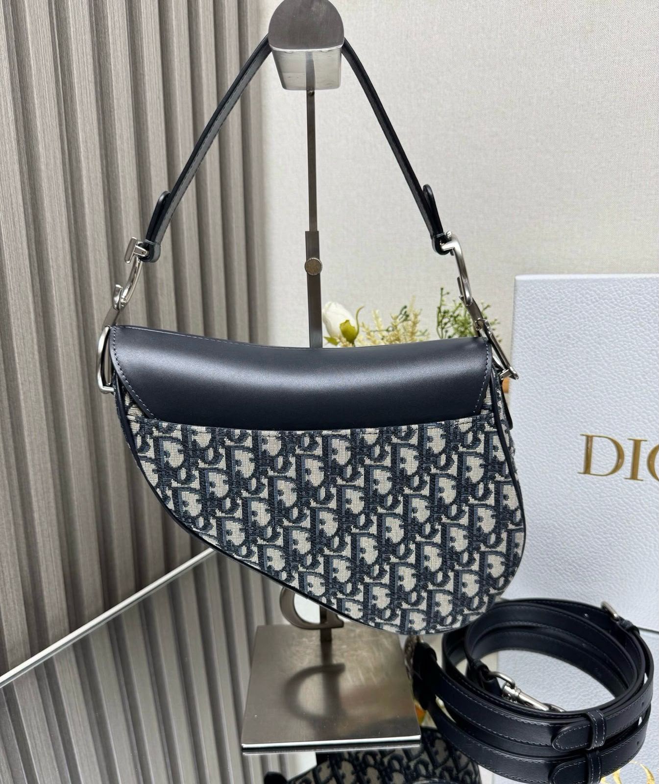 Christian Saddle Bag with Flap (Blue Dior Oblique Jacquard and Navy Blue Calfskin)
