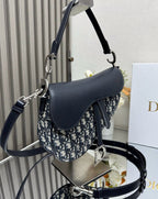 Christian Saddle Bag with Flap (Blue Dior Oblique Jacquard and Navy Blue Calfskin)