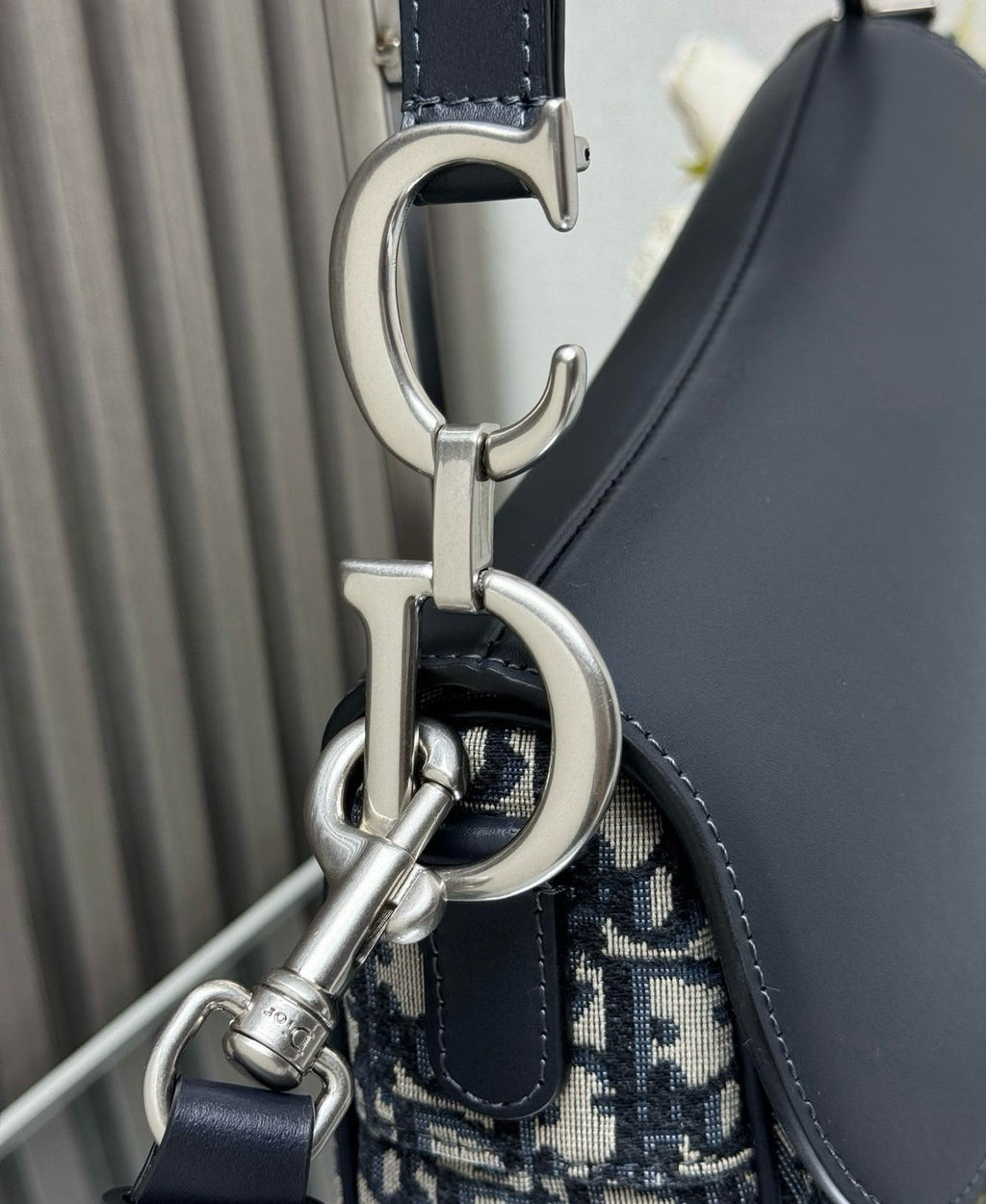 Christian Saddle Bag with Flap (Blue Dior Oblique Jacquard and Navy Blue Calfskin)