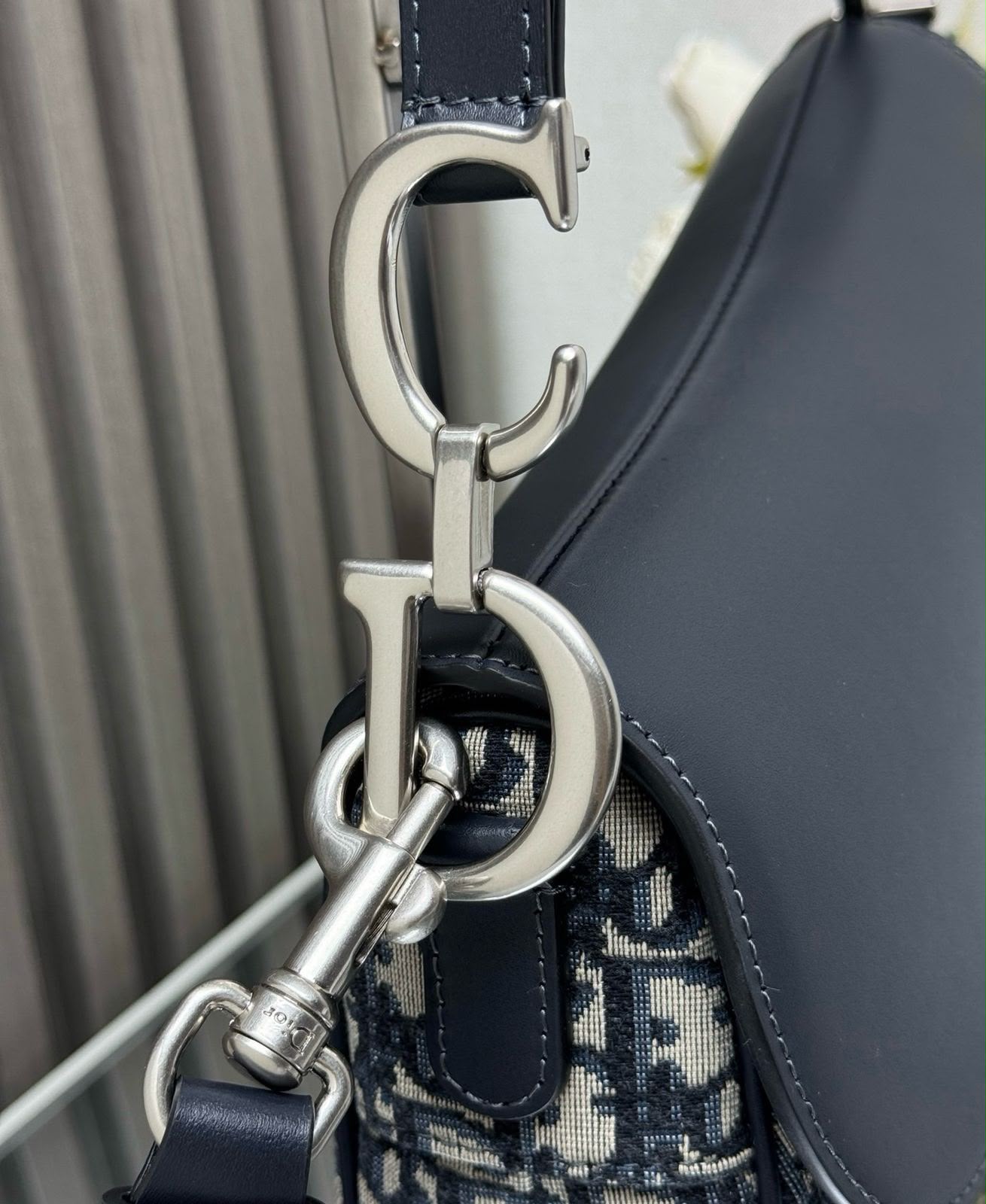 Christian Saddle Bag with Flap (Blue Dior Oblique Jacquard and Navy Blue Calfskin)