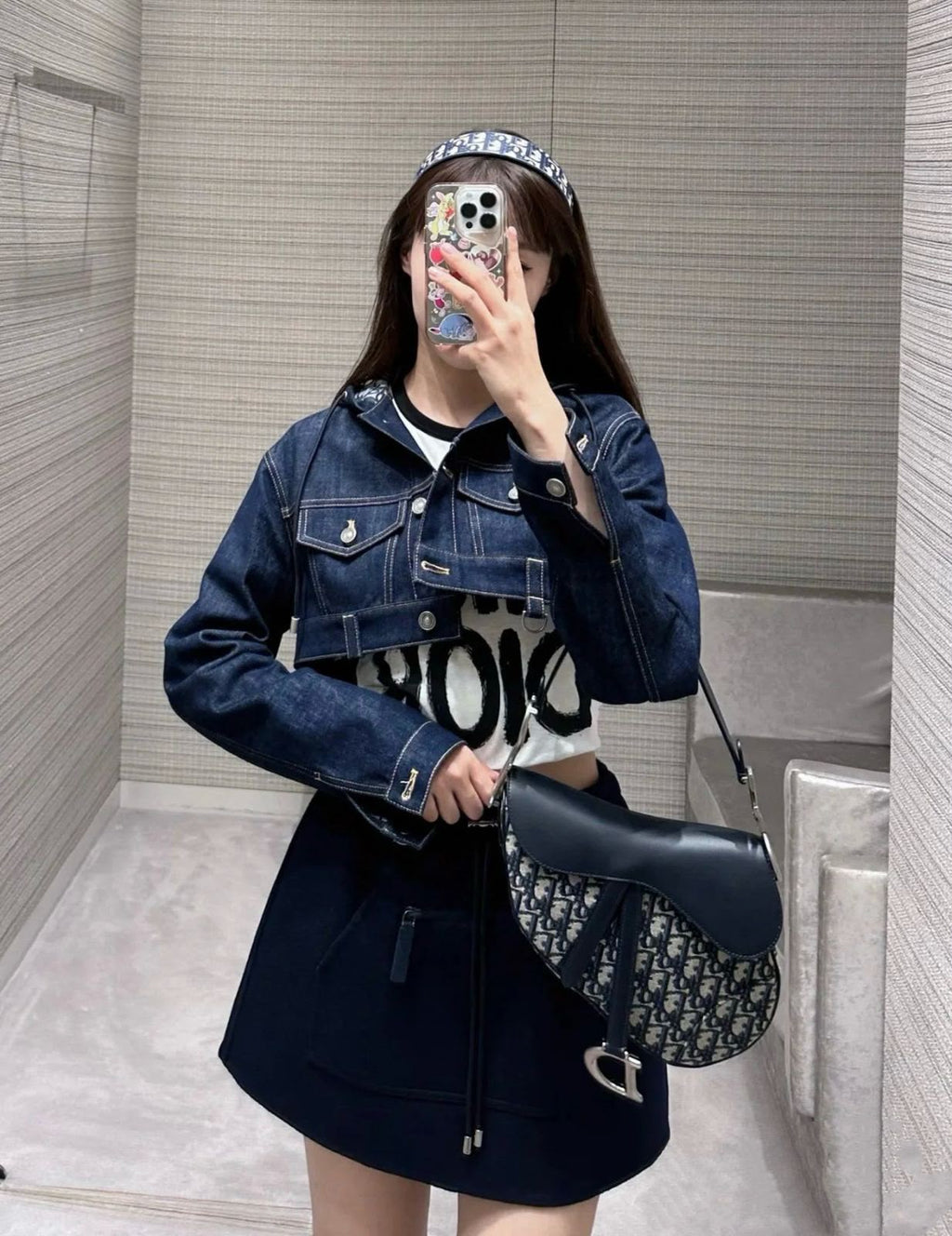 Christian Saddle Bag with Flap (Blue Dior Oblique Jacquard and Navy Blue Calfskin)
