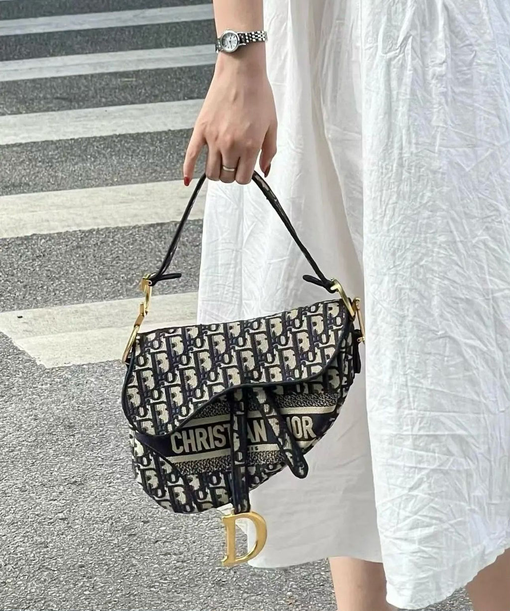 Christian Dior Saddle Bag with Strap (Blue Dior Oblique Jacquard)