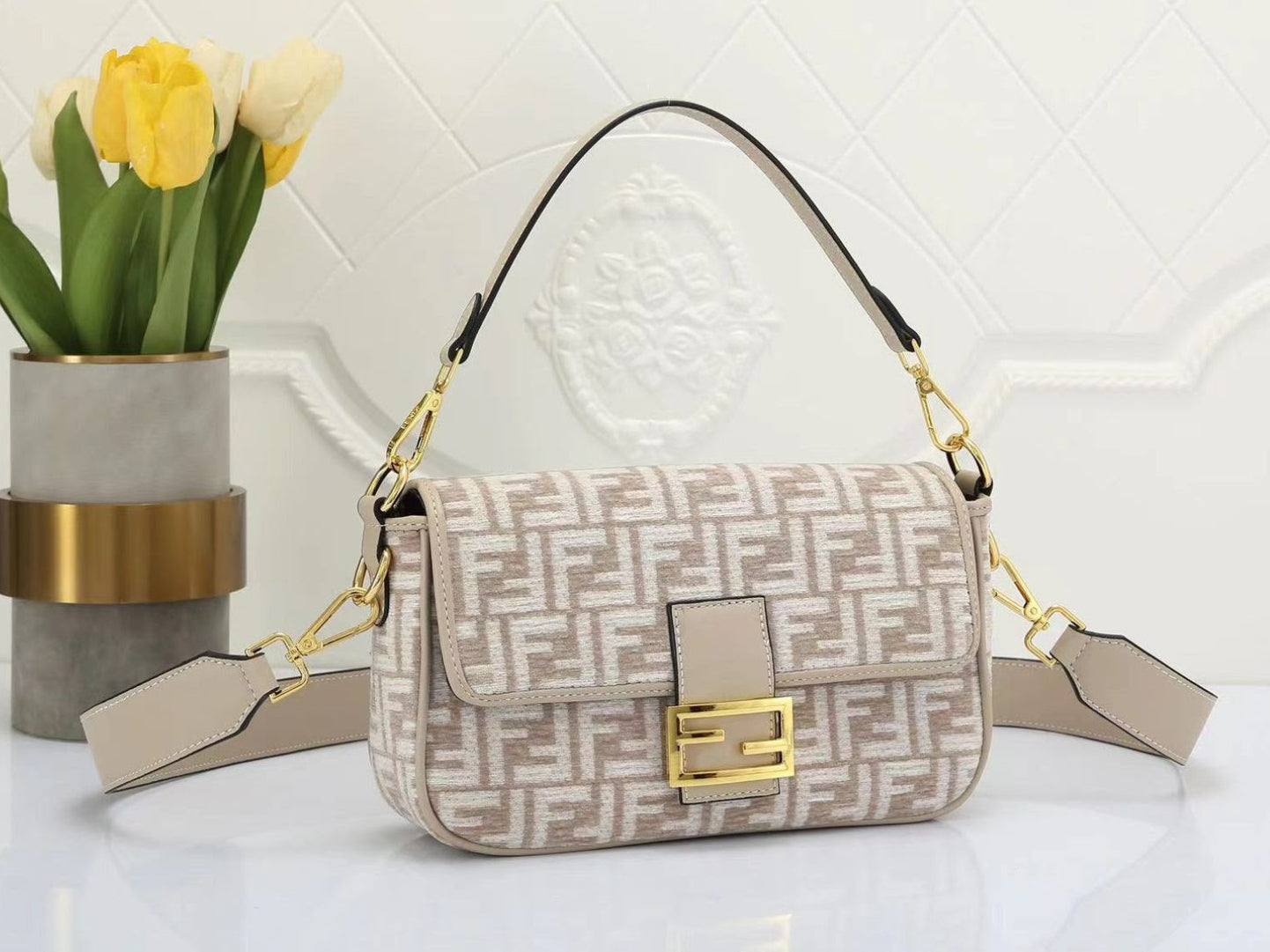Fendi Baguette Medium FF Jacquard Bag (Beige / Dove Grey)