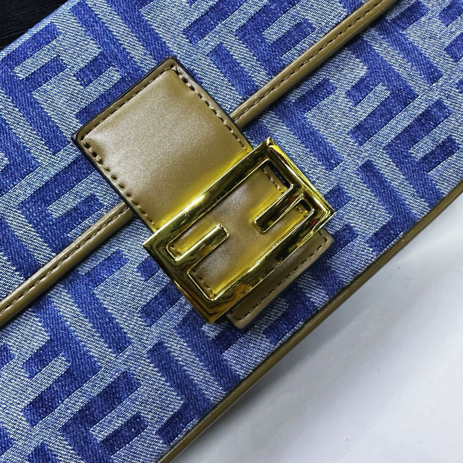 Fendi Baguette Medium FF Jacquard Bag (Blue Denim / Brown Trim)