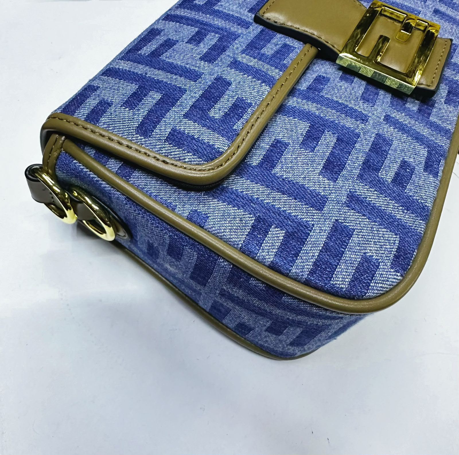 Fendi Baguette Medium FF Jacquard Bag (Blue Denim / Brown Trim)