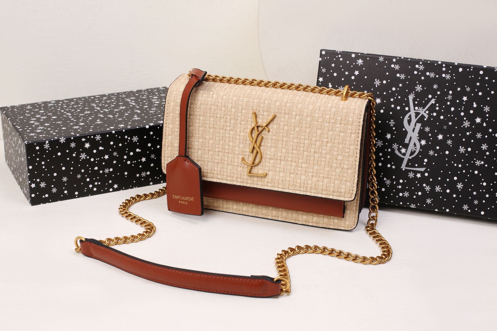 Saint Laurent Sunset Medium Chain Bag in Raffia and Smooth Leather (Natural Beige / Brick Leather)