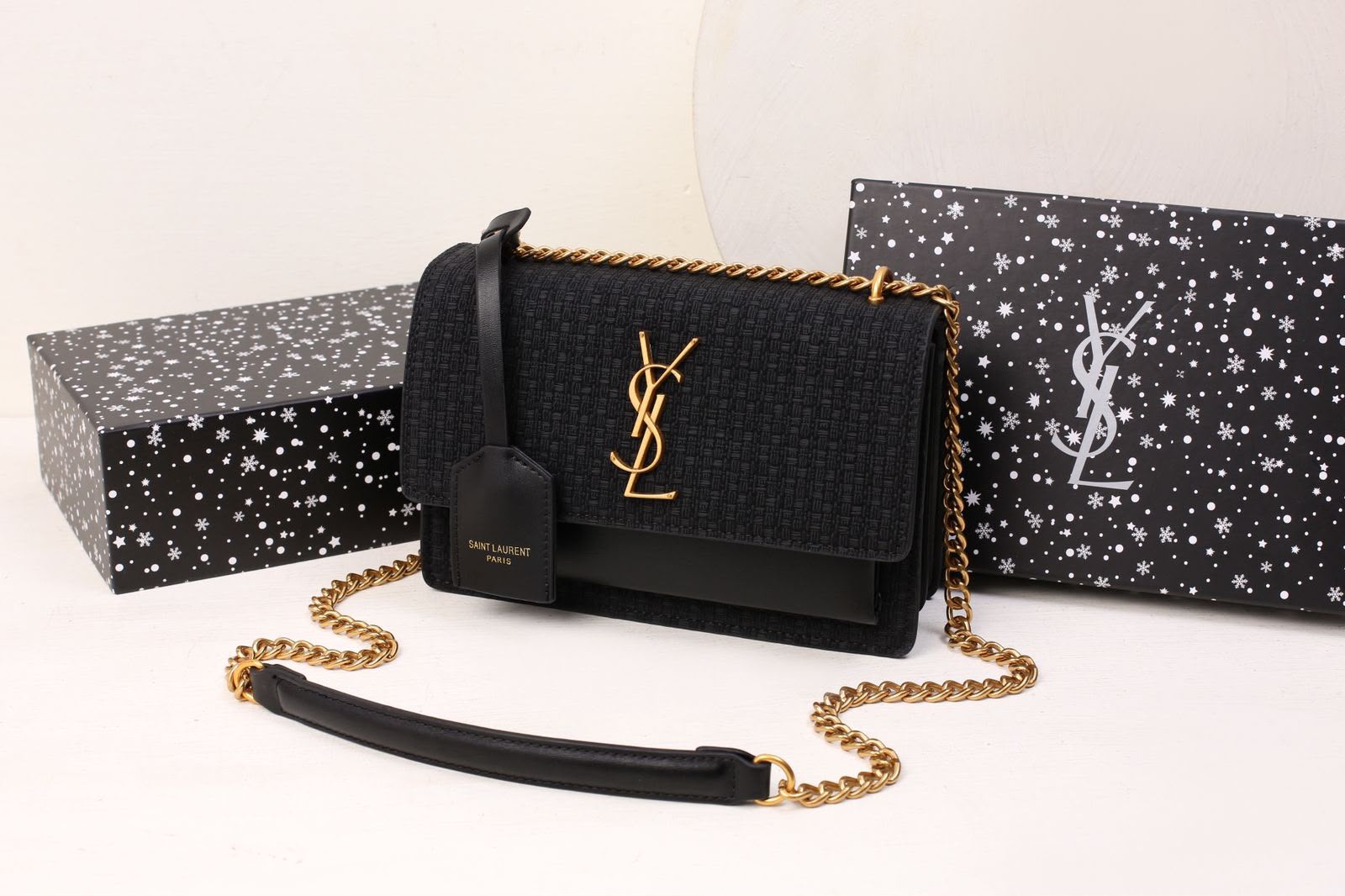 Saint Laurent Sunset Medium Chain Bag in Tweed and Smooth Leather (Black)