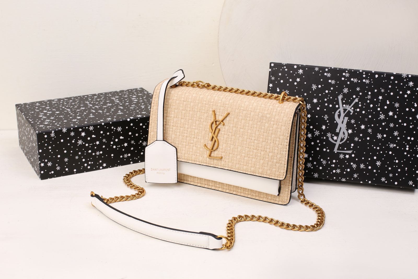 Saint Laurent Sunset Medium Chain Bag in Raffia and Smooth Leather (Natural Beige / White Leather)