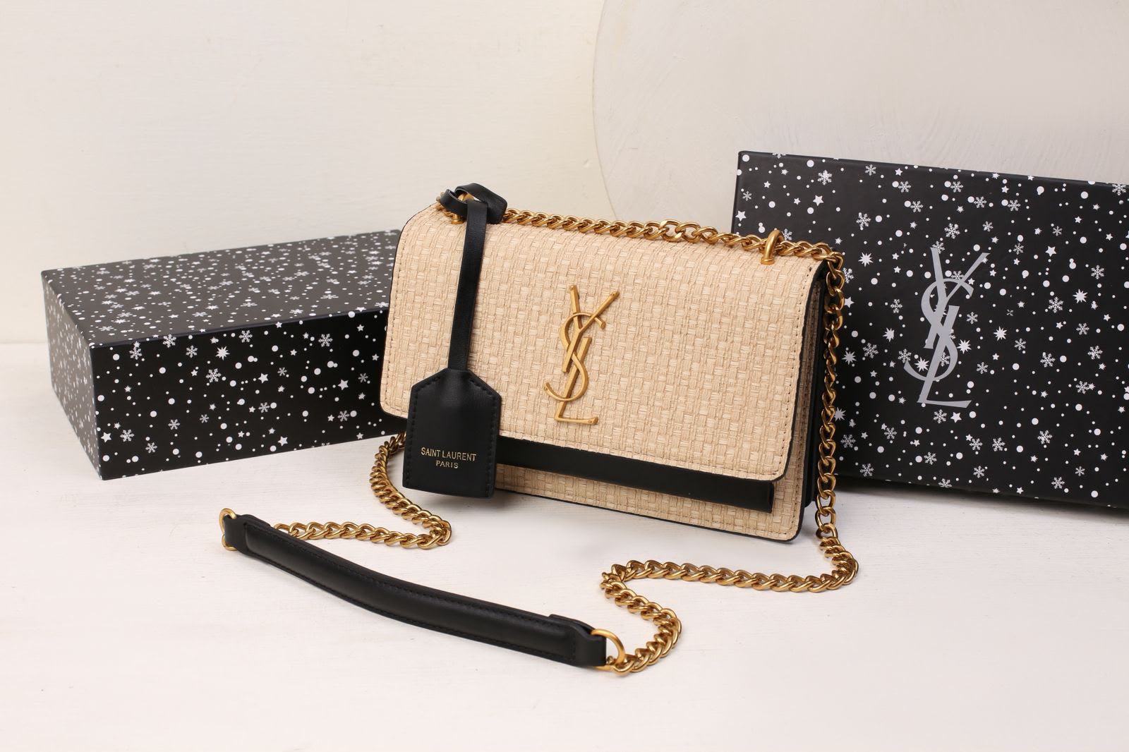 Saint Laurent Sunset Medium Chain Bag in Tweed and Smooth Leather (White / Ivory)