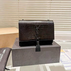 Saint Laurent Kate Tassel Shoulder Bag (Black Shiny Croc-Embossed Leather)