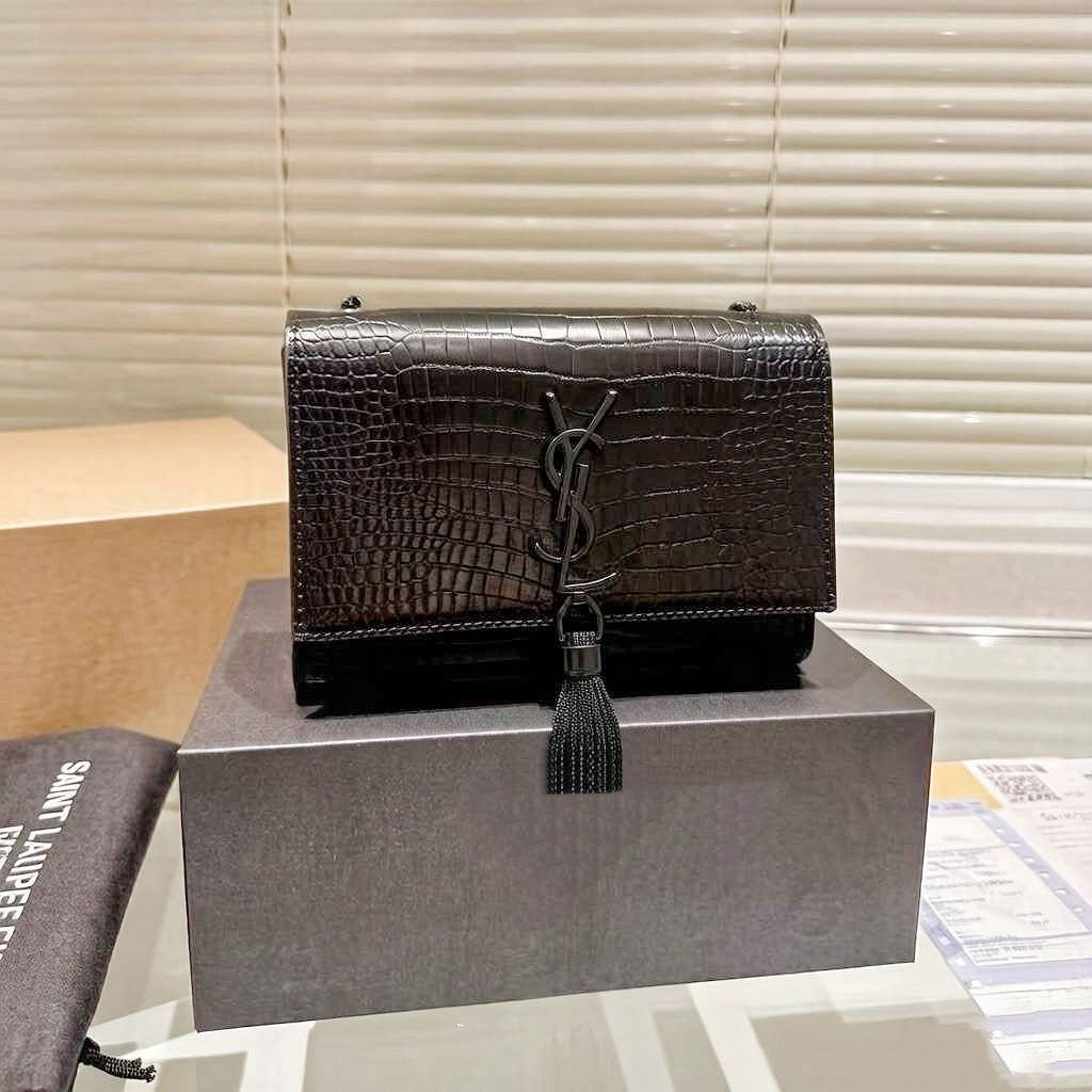Saint Laurent Kate Tassel Shoulder Bag (Black Shiny Croc-Embossed Leather)