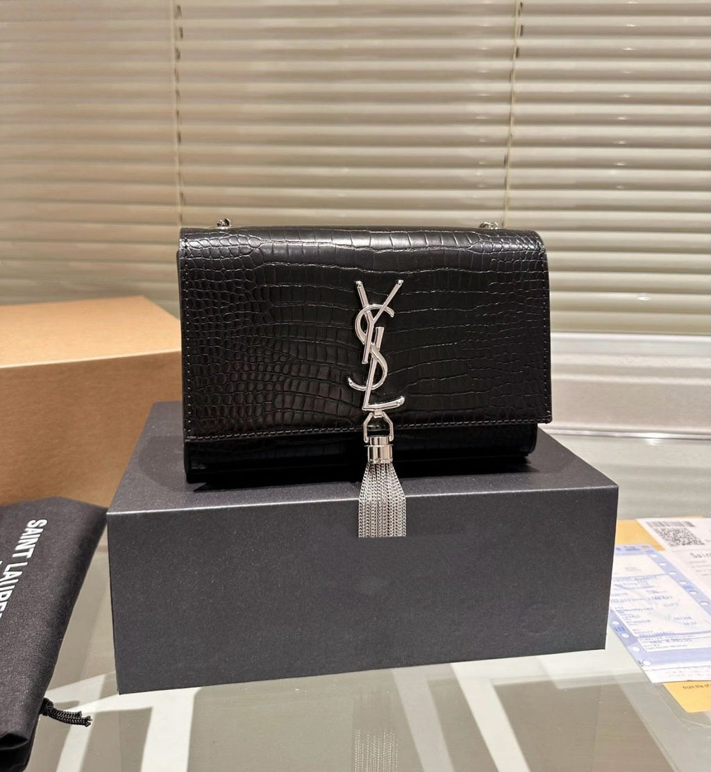 Saint Laurent Kate Tassel Shoulder Bag (Black Croc-Embossed Leather with Silver Hardware)