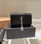 Saint Laurent Kate Tassel Shoulder Bag (Black Croc-Embossed Leather with Silver Hardware)