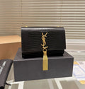 Saint Laurent Kate Tassel Shoulder Bag (Black Croc-Embossed Leather with Gold Hardware)