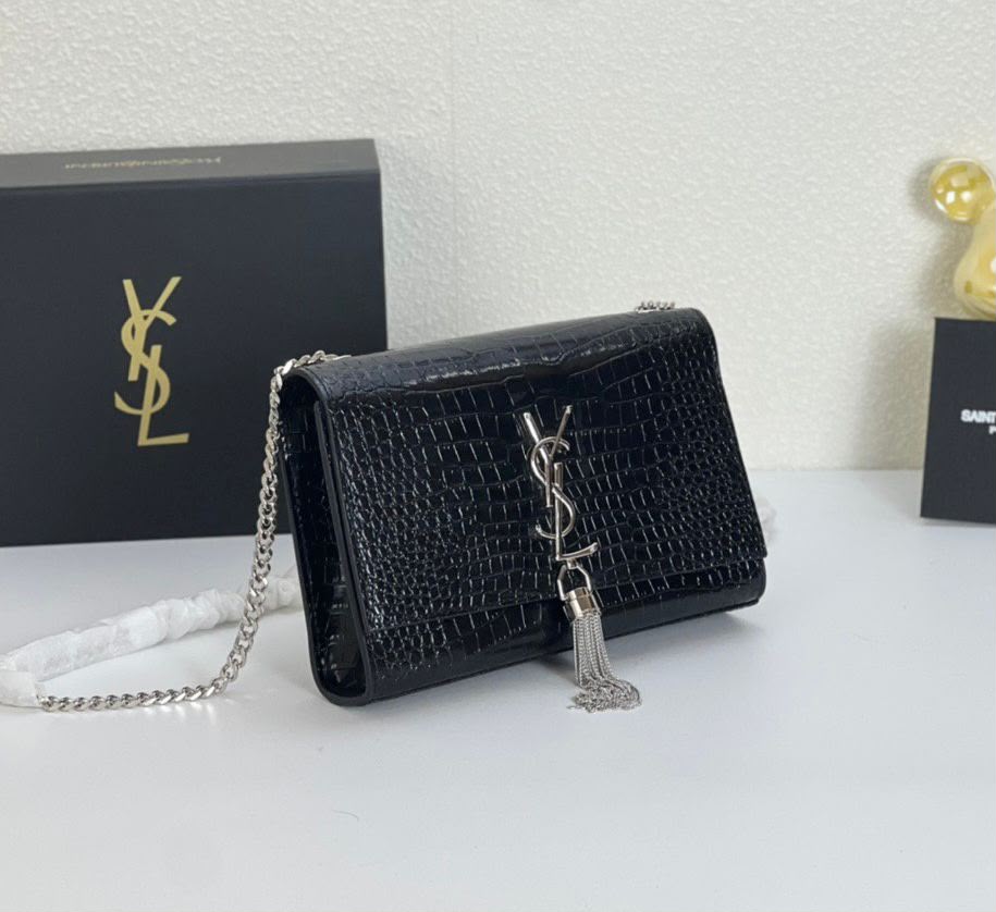 Saint Laurent Kate Tassel Shoulder Bag (Black Croc-Embossed Leather with Silver Hardware)