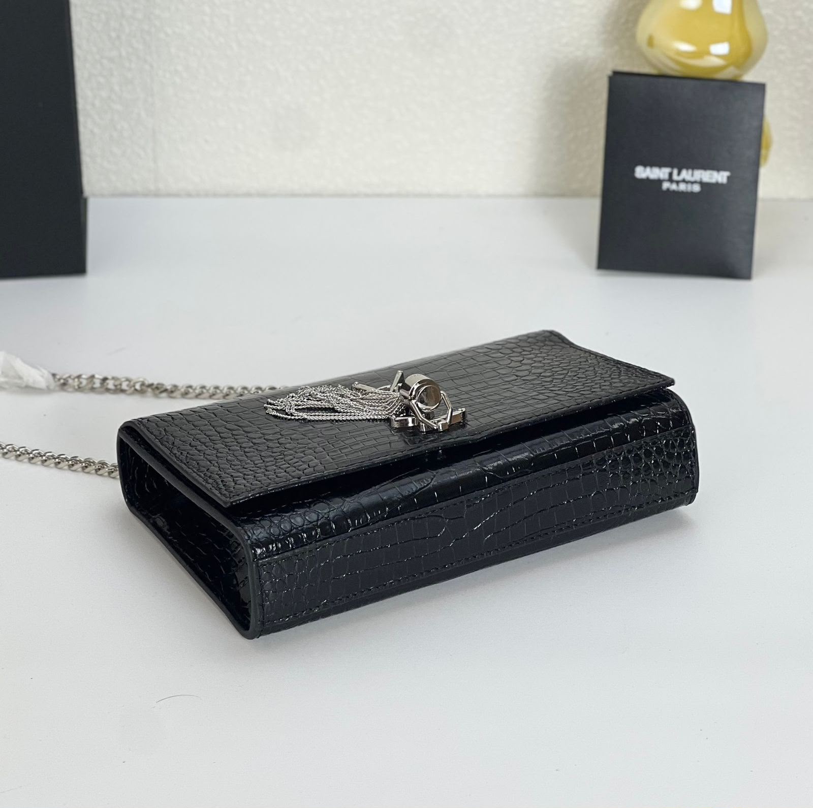 Saint Laurent Kate Tassel Shoulder Bag (Black Croc-Embossed Leather with Silver Hardware)