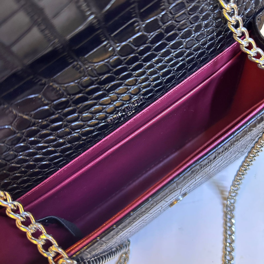 Saint Laurent Kate Tassel Shoulder Bag (Black Croc-Embossed Leather with Silver Hardware)