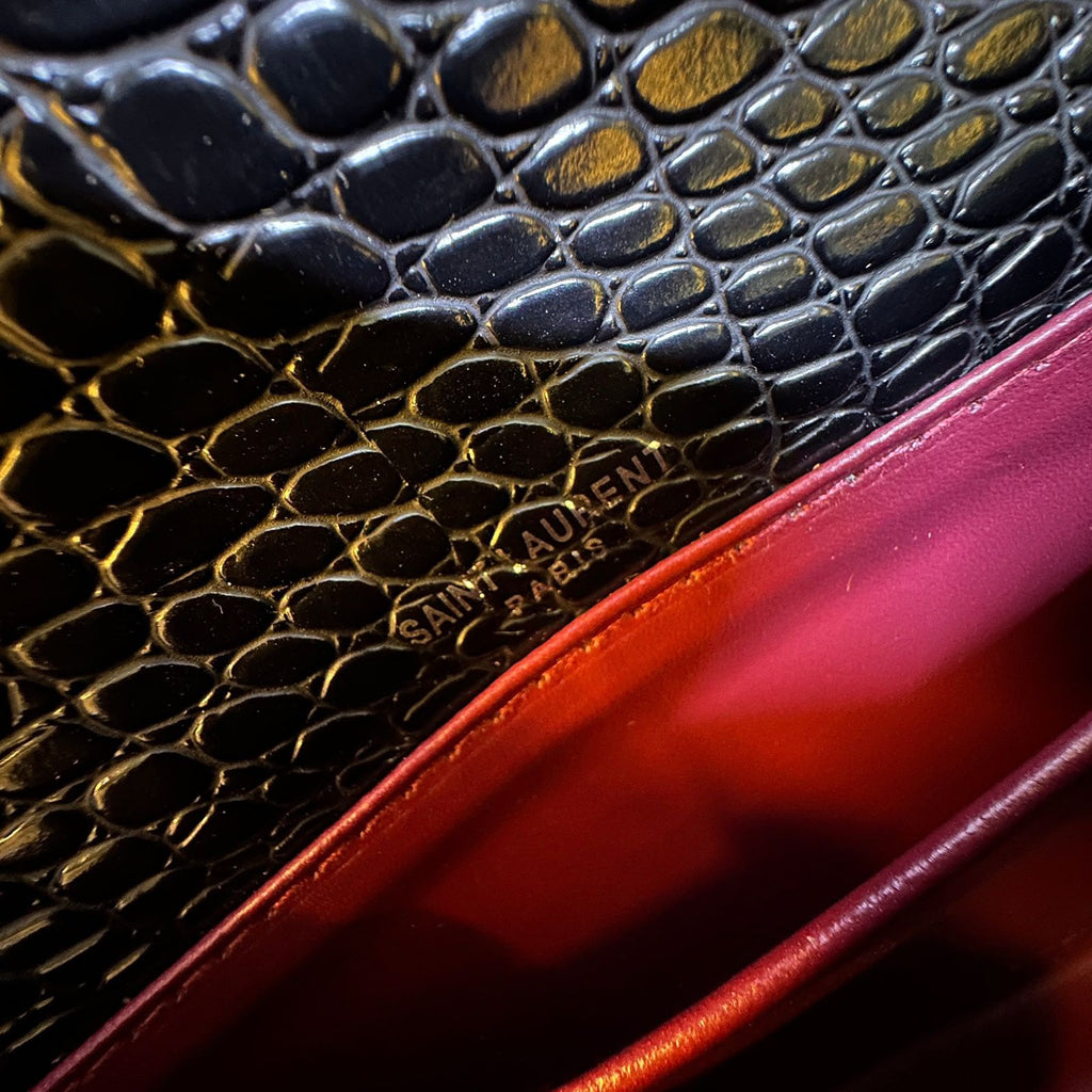 Saint Laurent Kate Tassel Shoulder Bag (Black Croc-Embossed Leather with Silver Hardware)