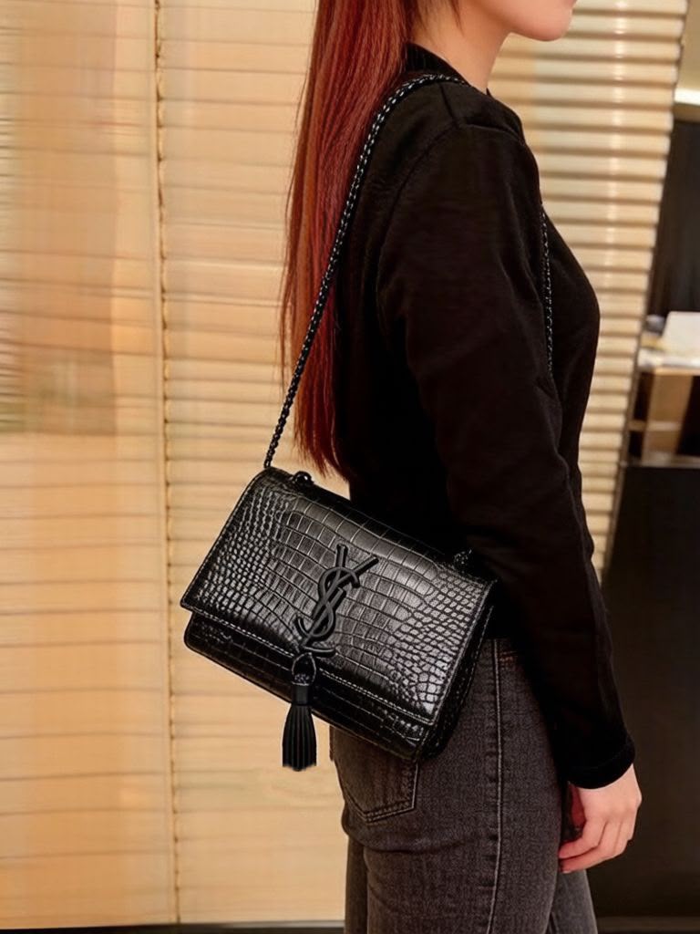 Saint Laurent Kate Tassel Shoulder Bag (Black Shiny Croc-Embossed Leather)