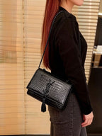 Saint Laurent Kate Tassel Shoulder Bag (Black Shiny Croc-Embossed Leather)