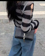 Saint Laurent Kate Tassel Shoulder Bag (Black Croc-Embossed Leather with Silver Hardware)