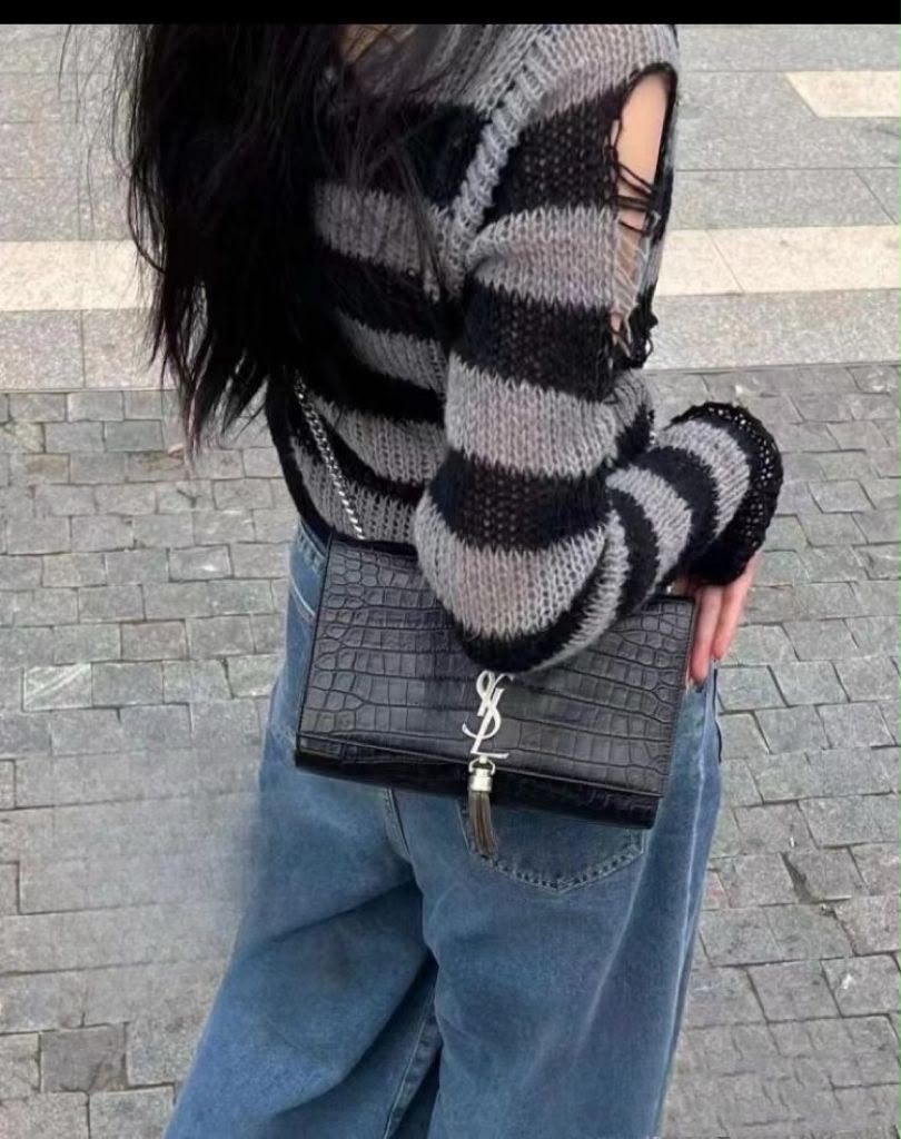 Saint Laurent Kate Tassel Shoulder Bag (Black Croc-Embossed Leather with Silver Hardware)