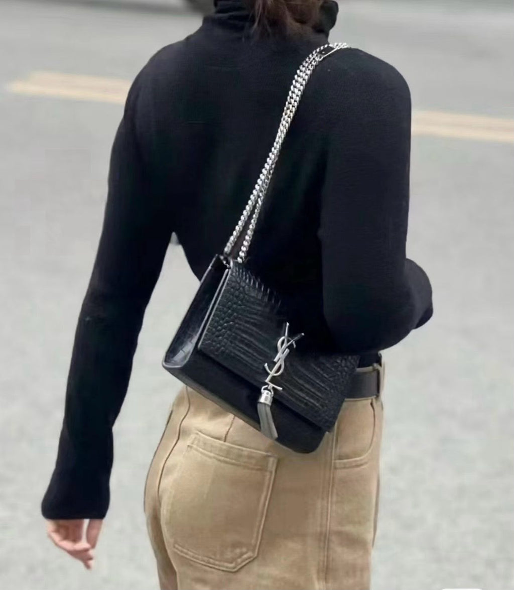 Saint Laurent Kate Tassel Shoulder Bag (Black Croc-Embossed Leather with Silver Hardware)