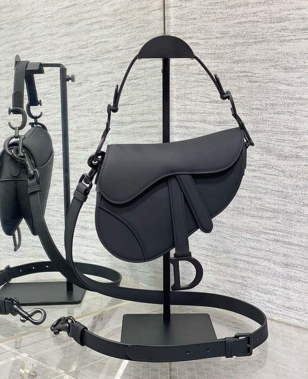 Christian Dior Saddle Bag with Strap (Black Ultra-Matte Calfskin)