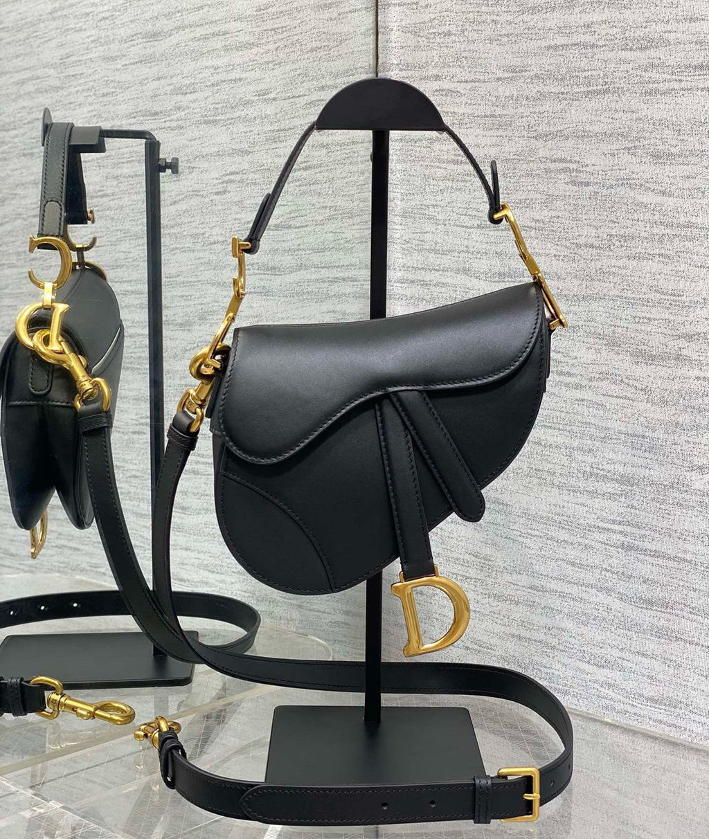 Christian Dior Saddle Bag with Strap (Black Box Calfskin)