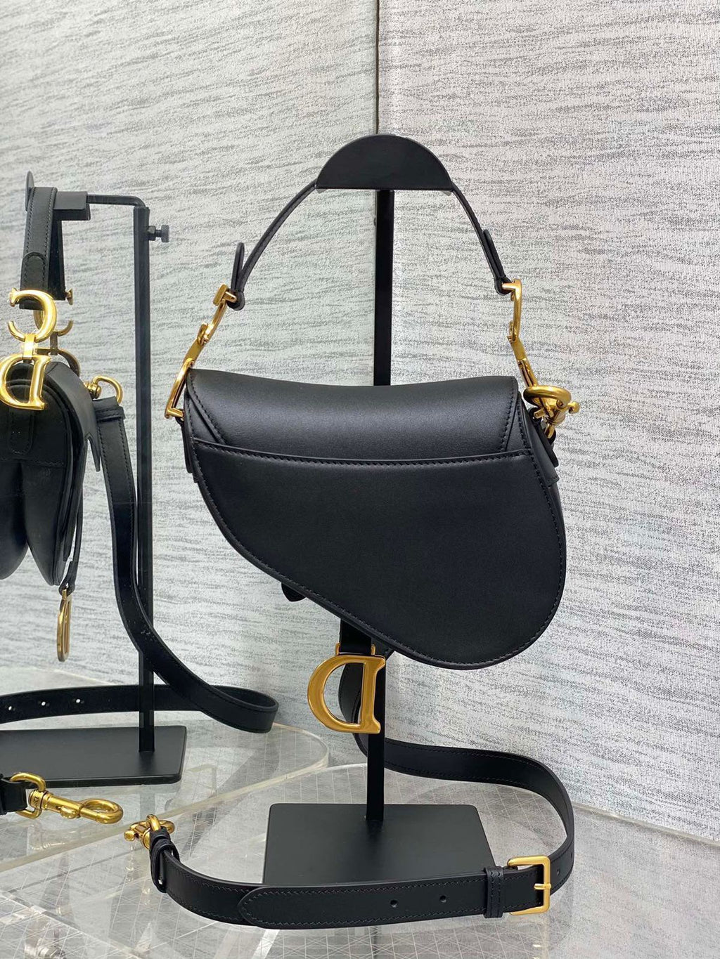 Christian Dior Saddle Bag with Strap (Black Box Calfskin)