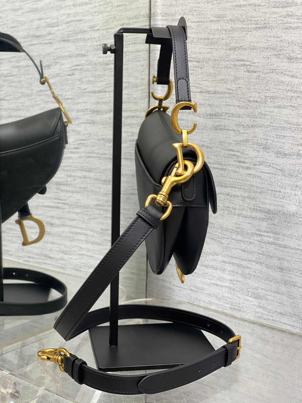 Christian Dior Saddle Bag with Strap (Black Box Calfskin)