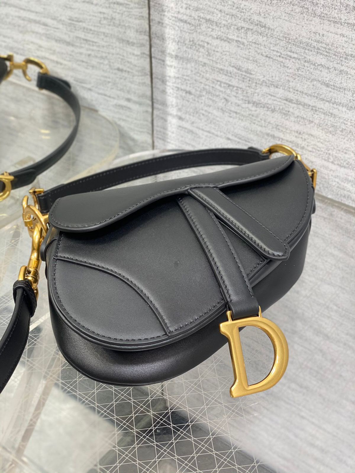 Christian Dior Saddle Bag with Strap (Black Box Calfskin)