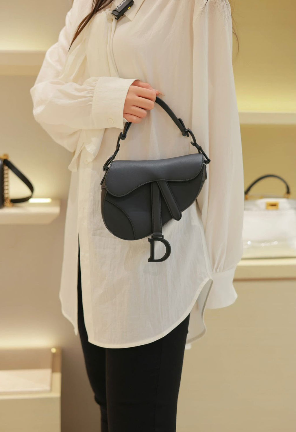 Christian Dior Saddle Bag with Strap (Black Ultra-Matte Calfskin)