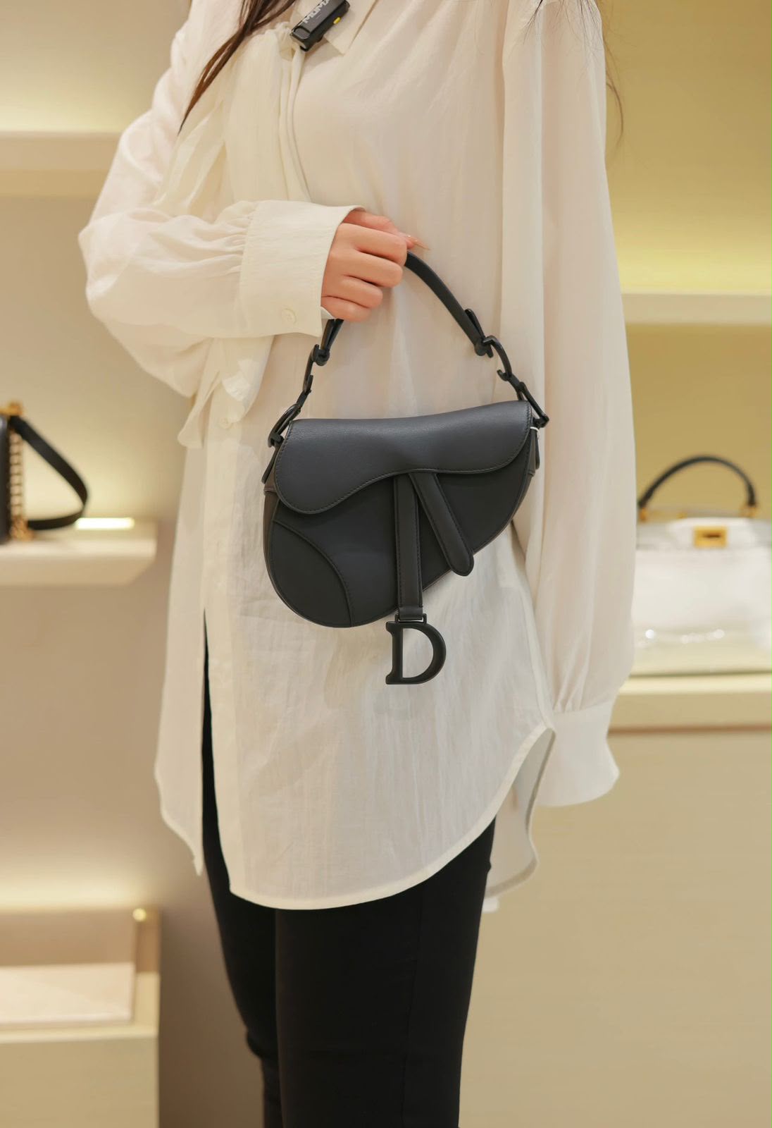 Christian Dior Saddle Bag with Strap (Black Ultra-Matte Calfskin)