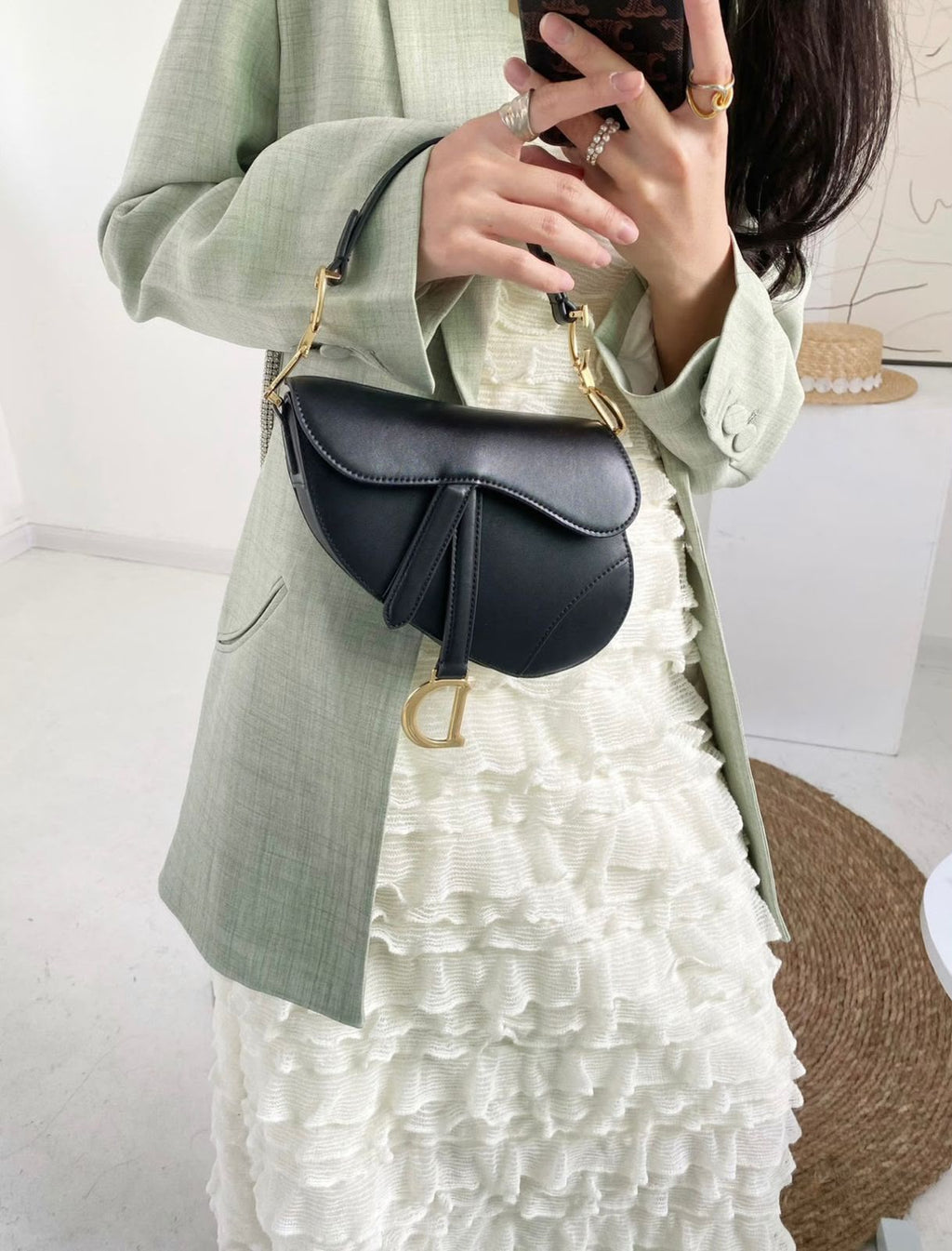 Christian Dior Saddle Bag with Strap (Black Box Calfskin)