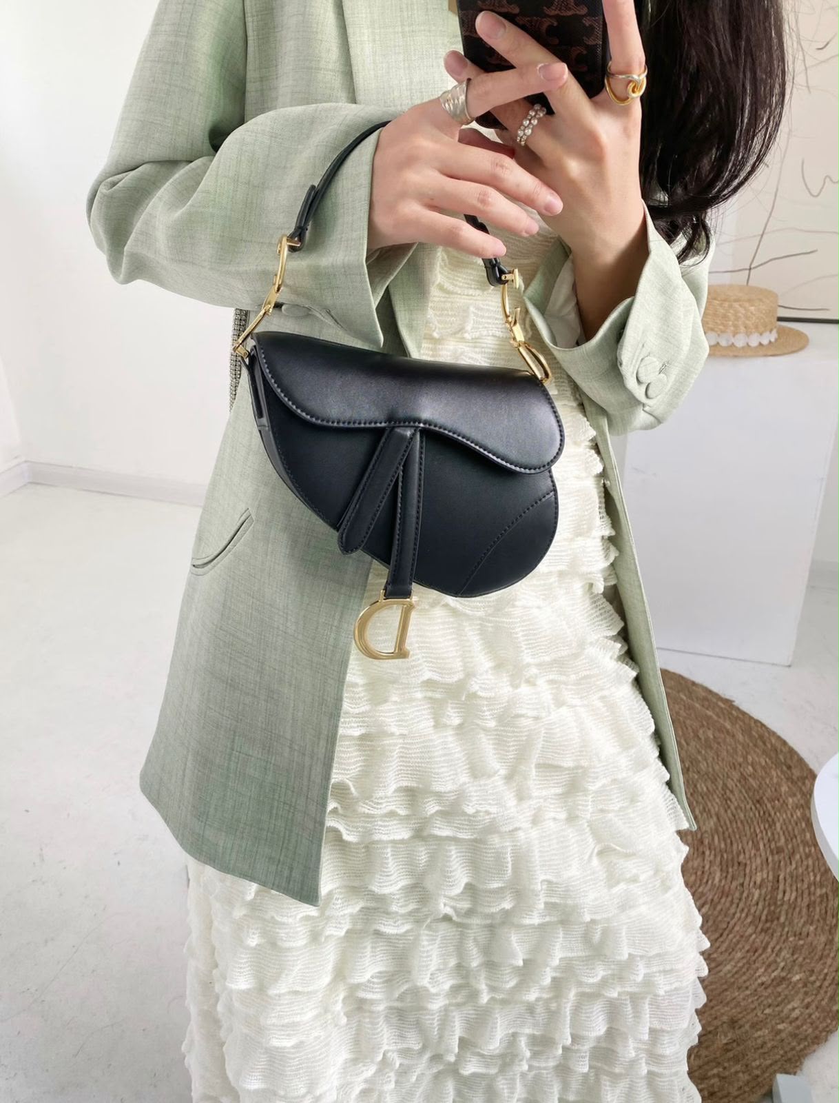 Christian Dior Saddle Bag with Strap (Black Box Calfskin)