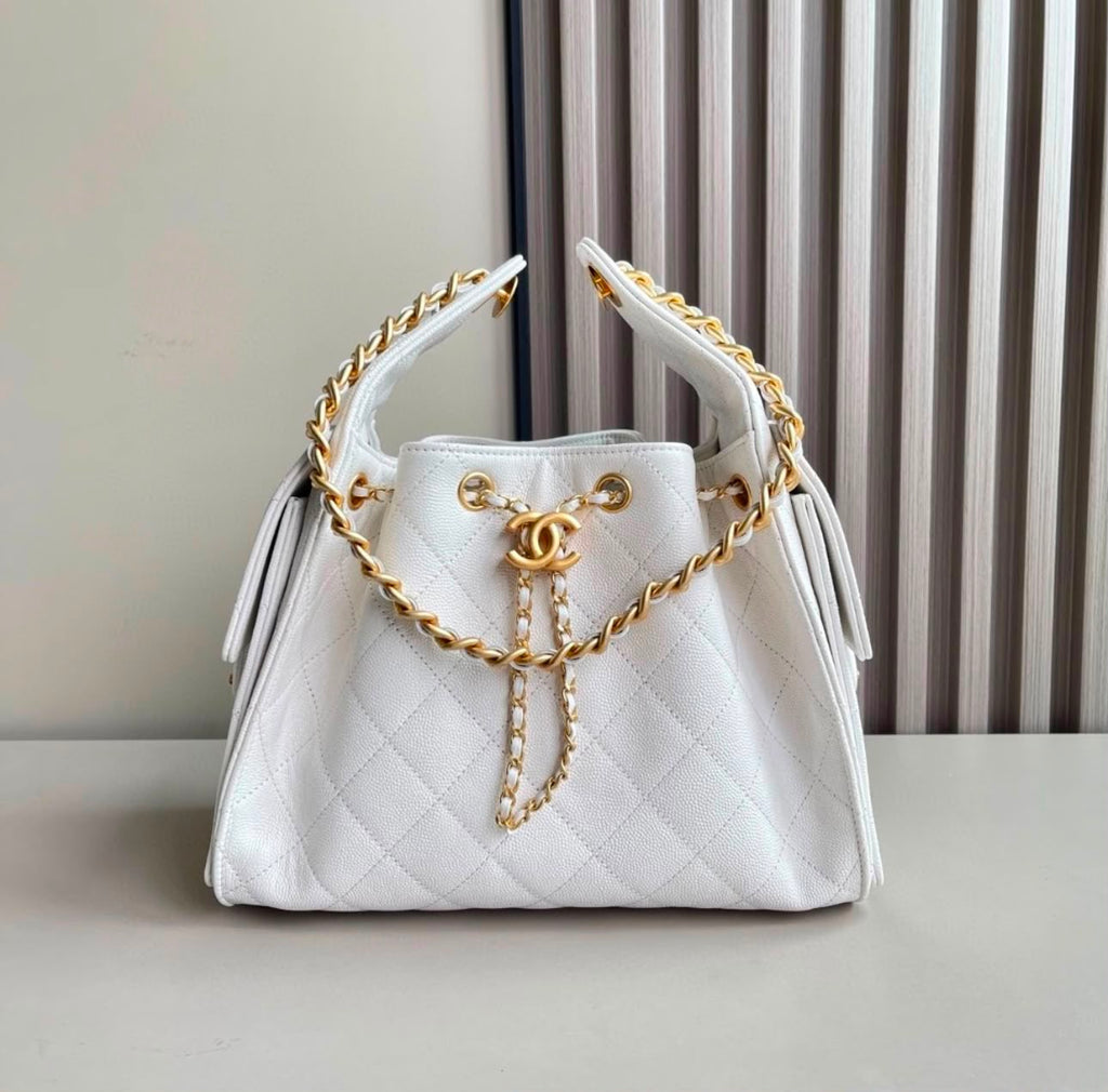 Chanel Small Quilted Drawstring Shopping Bag (White Caviar Calfskin)