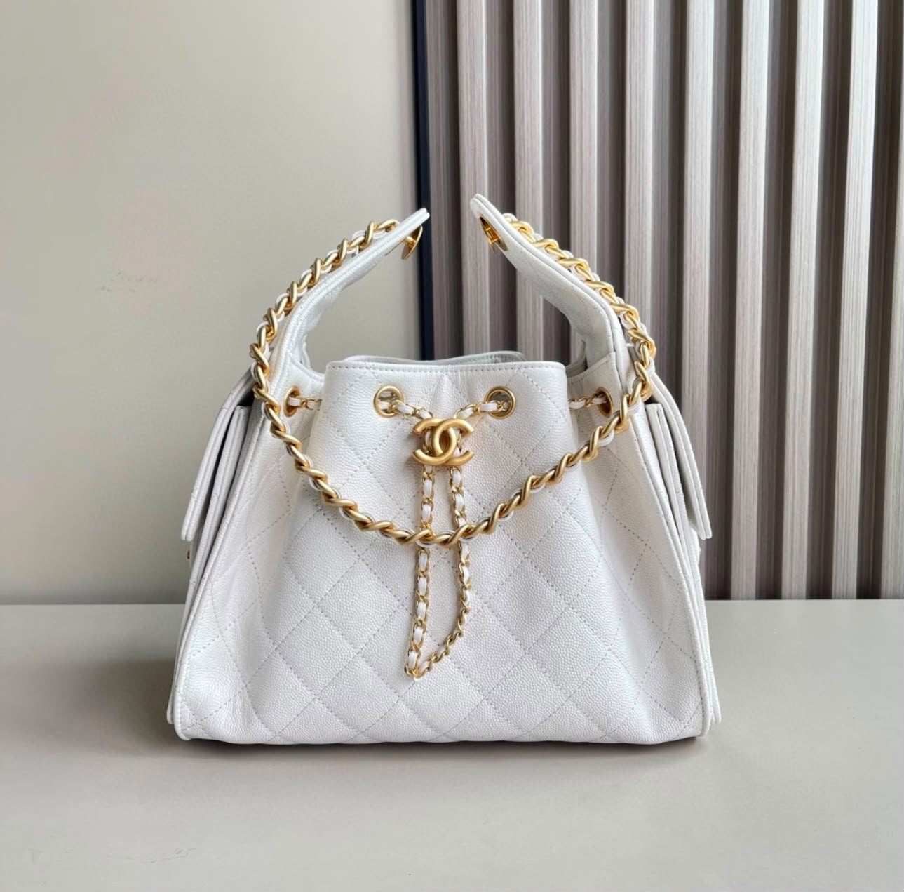Chanel Small Quilted Drawstring Shopping Bag (White Caviar Calfskin)