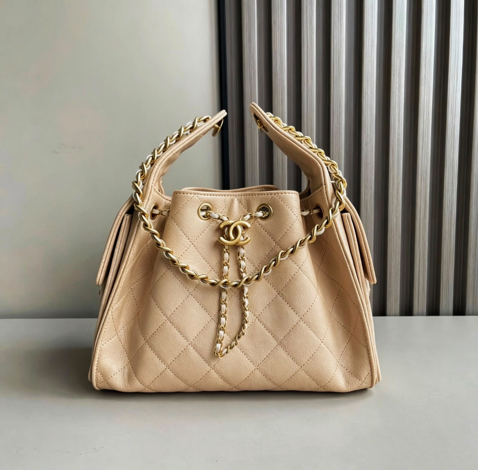 Chanel Small Quilted Drawstring Shopping Bag (Beige Caviar Calfskin)