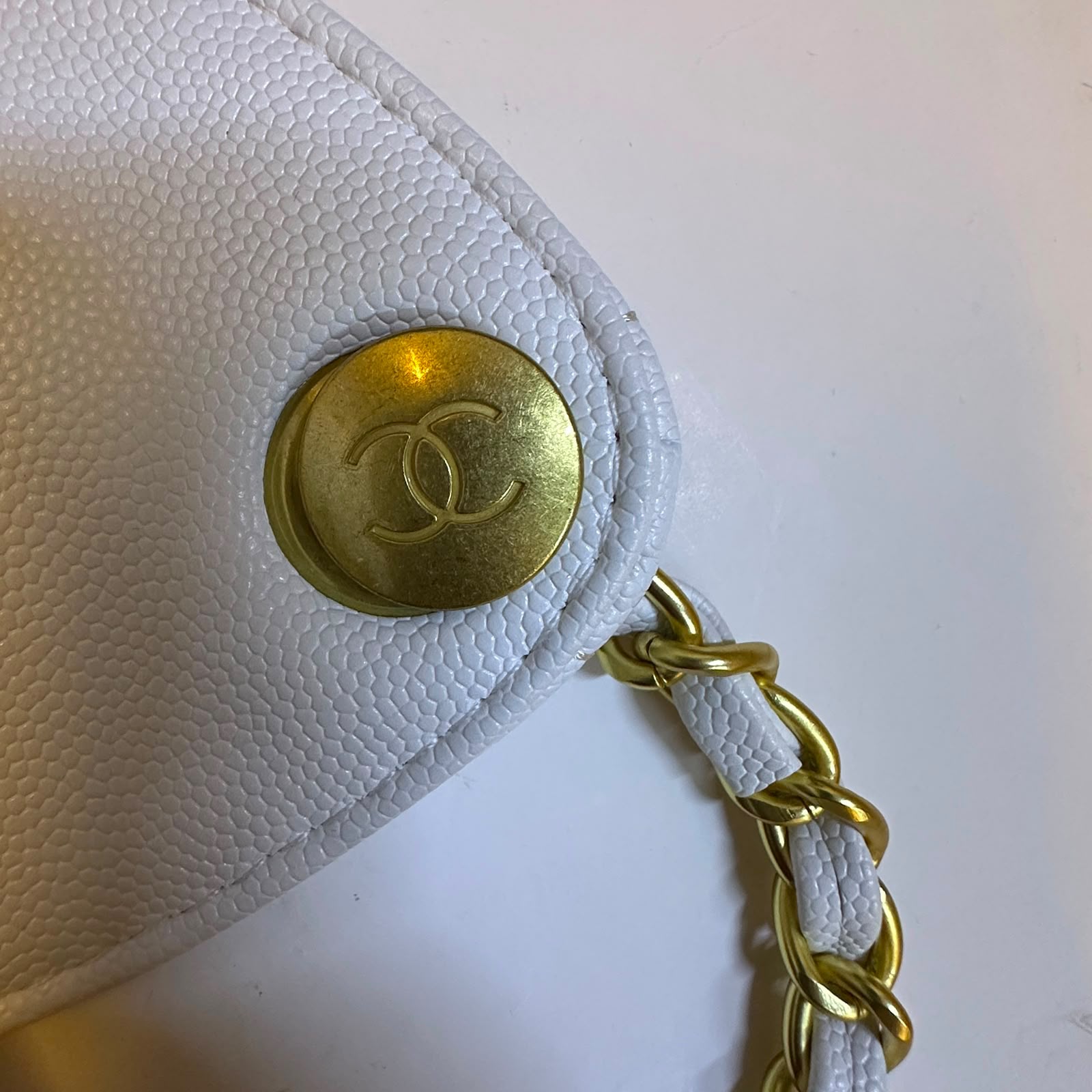Chanel Small Quilted Drawstring Shopping Bag (White Caviar Calfskin)
