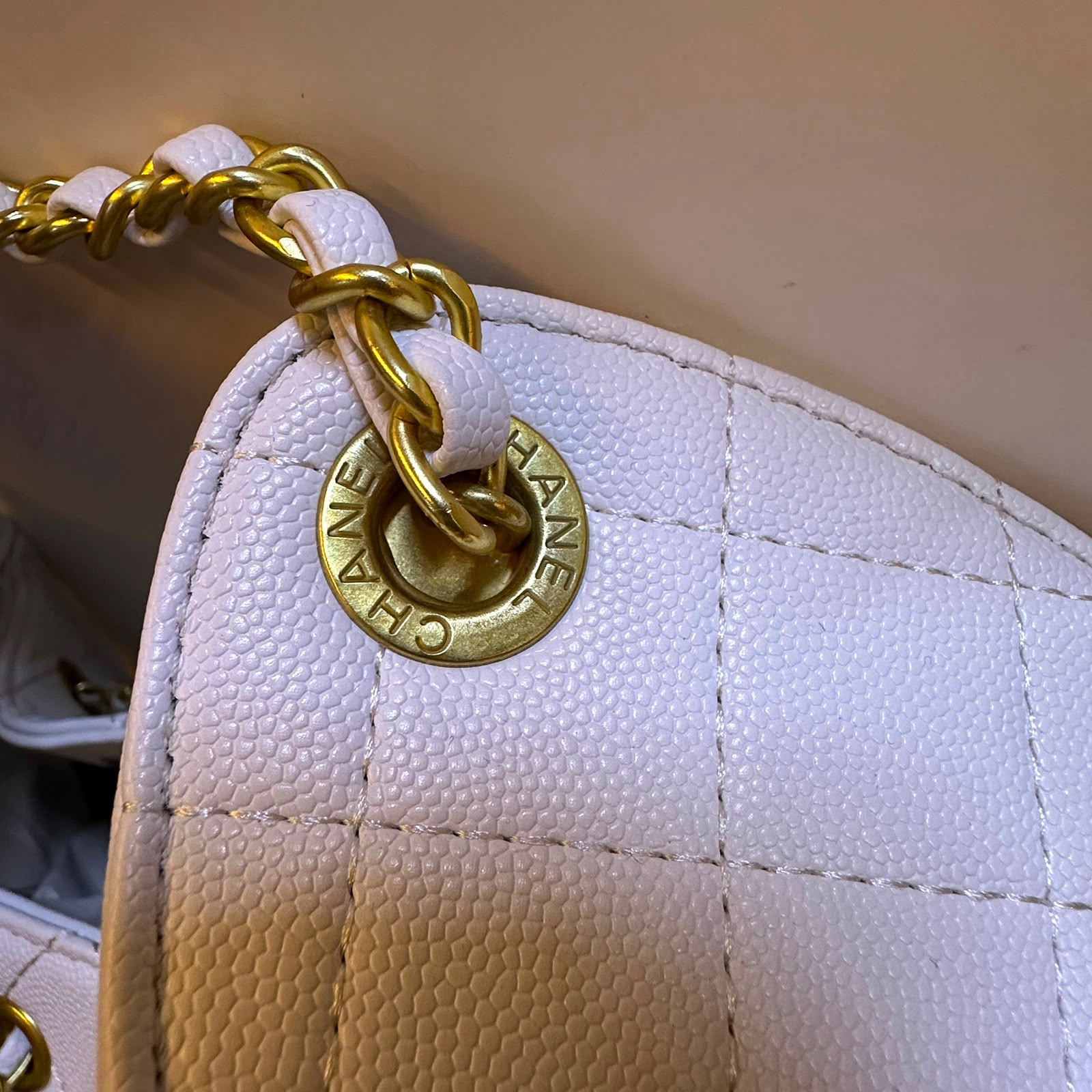 Chanel Small Quilted Drawstring Shopping Bag (White Caviar Calfskin)