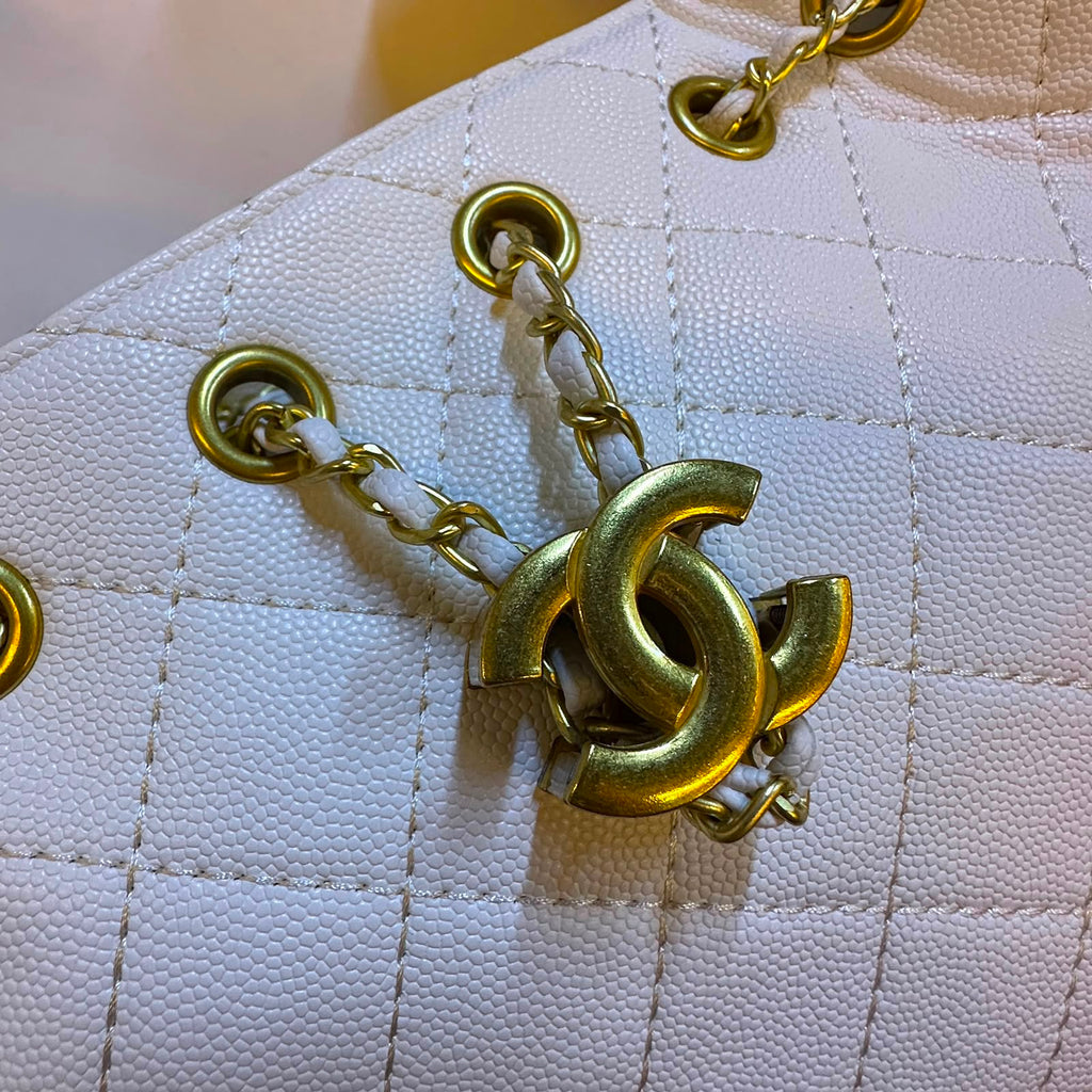 Chanel Small Quilted Drawstring Shopping Bag (White Caviar Calfskin)
