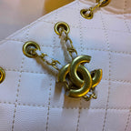 Chanel Small Quilted Drawstring Shopping Bag (White Caviar Calfskin)
