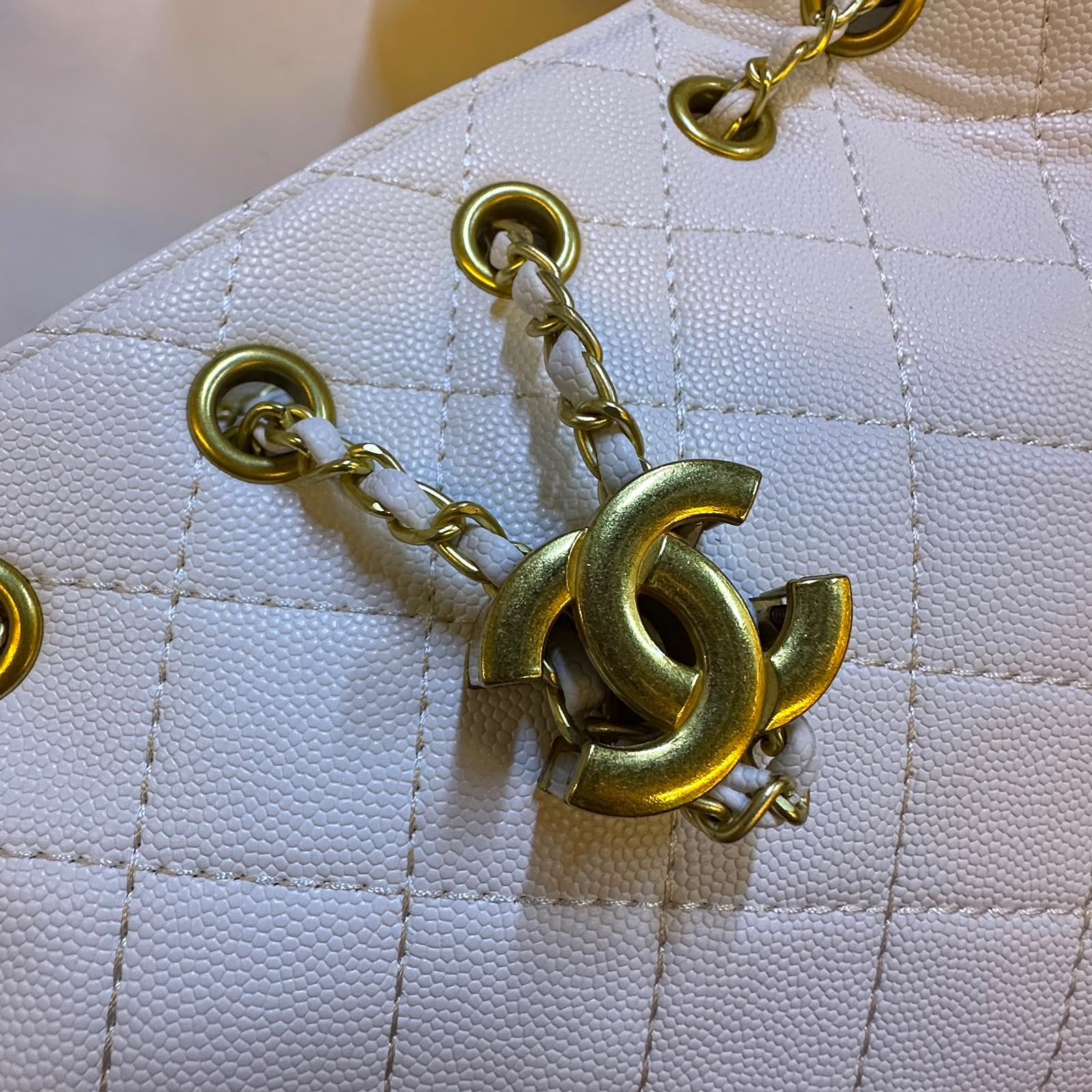 Chanel Small Quilted Drawstring Shopping Bag (White Caviar Calfskin)