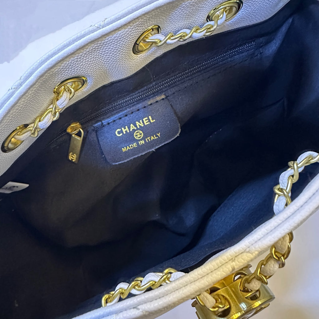Chanel Small Quilted Drawstring Shopping Bag (White Caviar Calfskin)