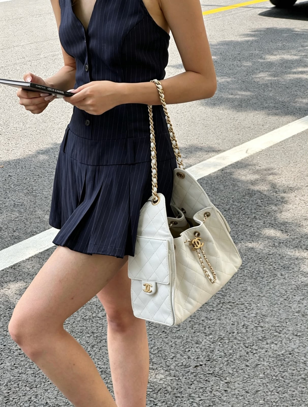 Chanel Small Quilted Drawstring Shopping Bag (White Caviar Calfskin)