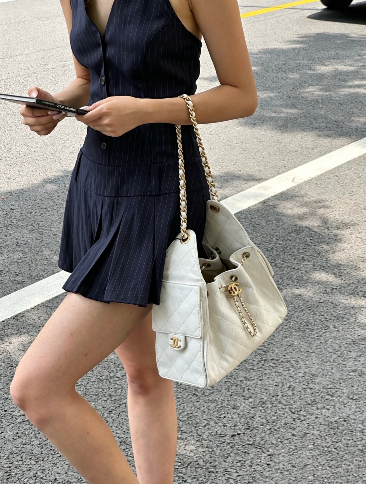 Chanel Small Quilted Drawstring Shopping Bag (White Caviar Calfskin)